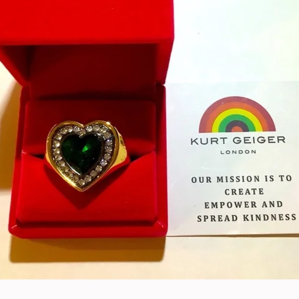 Kurt Geiger London Crystal Halo Green Heart  Cocktail Ring 7 New